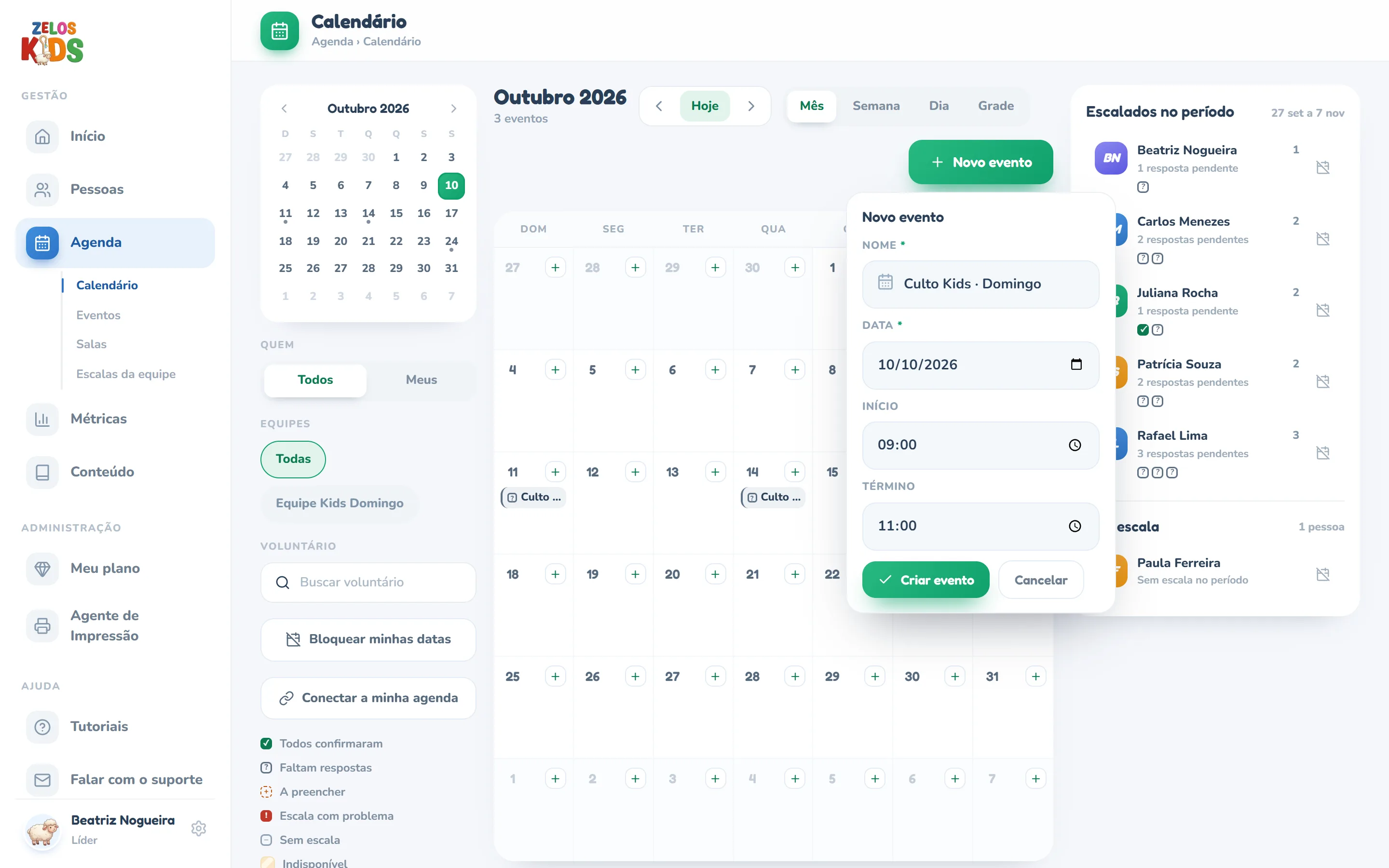 Flutuante Novo evento aberto embaixo do botão Novo evento do calendário, sobre a visão Mês: os campos Nome preenchido com Culto Kids · Domingo, Data 10/10/2026, Início 09:00 e Término 11:00 e os botões Criar evento e Cancelar.