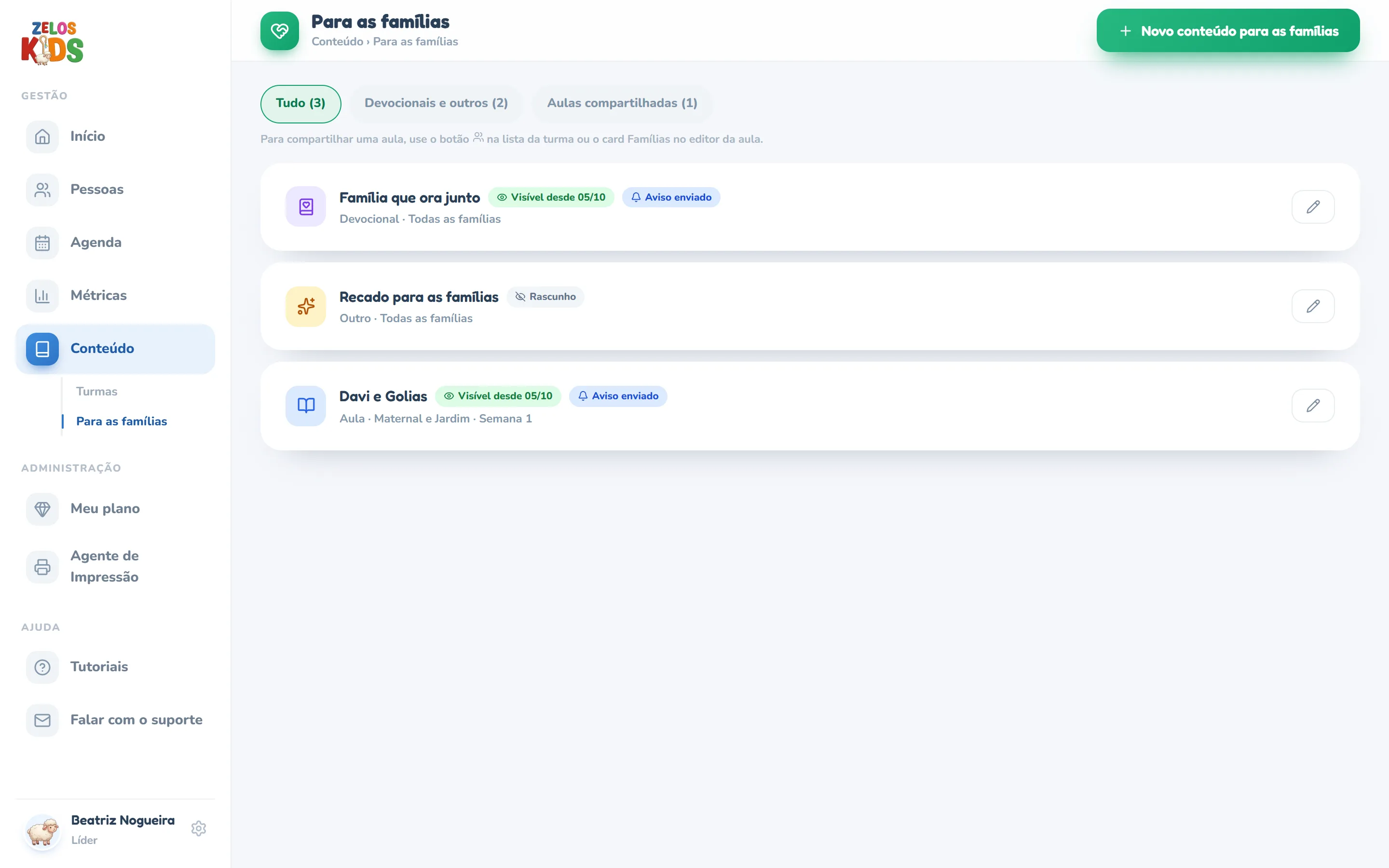 Página Para as famílias com o caminho Conteúdo › Para as famílias no alto, o botão Novo conteúdo para as famílias à direita, os chips Tudo, Devocionais e outros e Aulas compartilhadas com as quantidades, a dica de como compartilhar uma aula e três linhas: um devocional com os selos Visível desde e Aviso enviado e a linha Devocional · Todas as famílias; um conteúdo Outro com o selo Rascunho; e uma aula com os selos Visível desde e Aviso enviado e a linha Aula · Maternal e Jardim · Semana 1; cada linha com o lápis à direita.