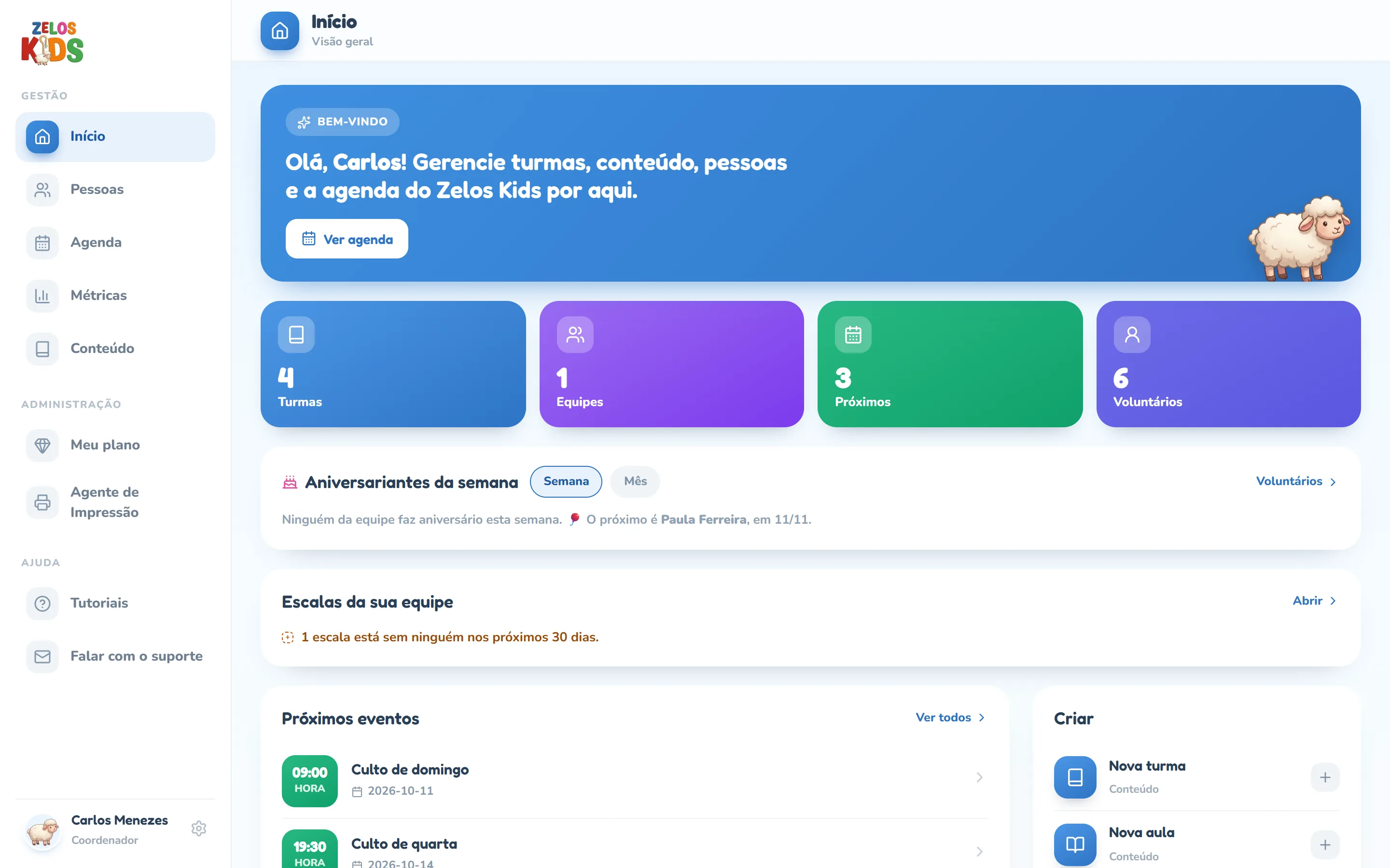 Início do painel do coordenador que lidera a equipe: abaixo dos quatro números e do cartão Aniversariantes da semana, o card Escalas da sua equipe com a frase 1 escala está sem ninguém nos próximos 30 dias. e o link Abrir; embaixo, o começo de Próximos eventos e Criar.