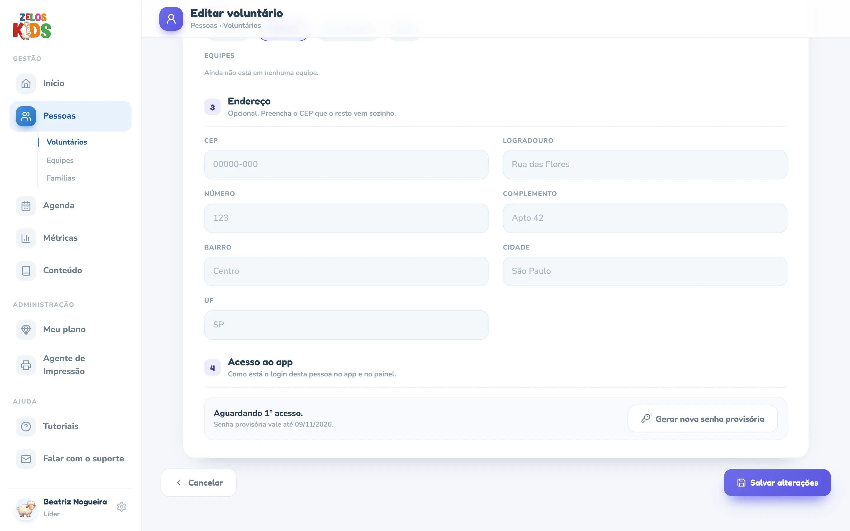 Fim do formulário Editar voluntário: em cima, o campo Equipes com Ainda não está em nenhuma equipe.; o bloco 3 Endereço com os campos em branco; o bloco 4 Acesso ao app, com o subtítulo Como está o login desta pessoa no app e no painel., o texto Aguardando 1º acesso., a linha Senha provisória vale até 09/11/2026. e o botão Gerar nova senha provisória; embaixo, os botões Cancelar e Salvar alterações.