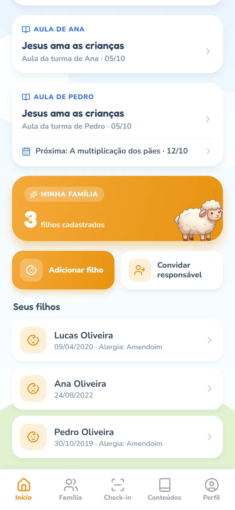 Tela Início depois de salvar: a criança aparece na lista Seus filhos com a data de nascimento e o texto da alergia.