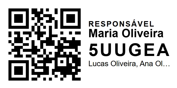 Etiqueta Responsável impressa na recepção: o nome do responsável, o código de retirada em letras grandes, os nomes das crianças (cortados quando não cabem) e o QR.