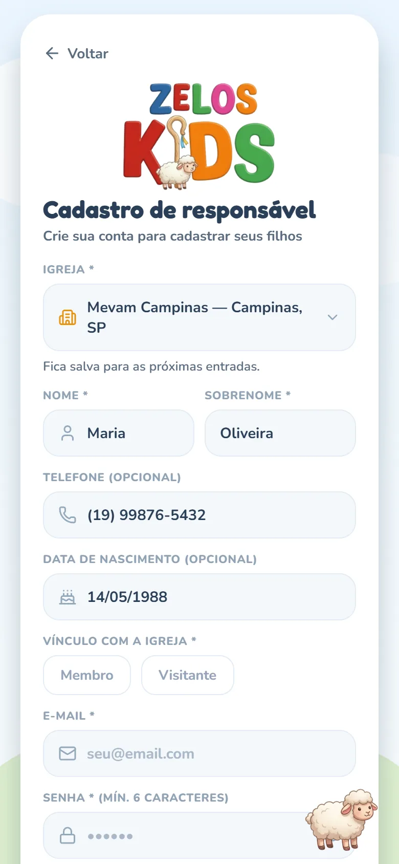 Tela Cadastro de responsável com a igreja escolhida (e a legenda Fica salva para as próximas entradas.), nome, sobrenome, telefone e data de nascimento preenchidos