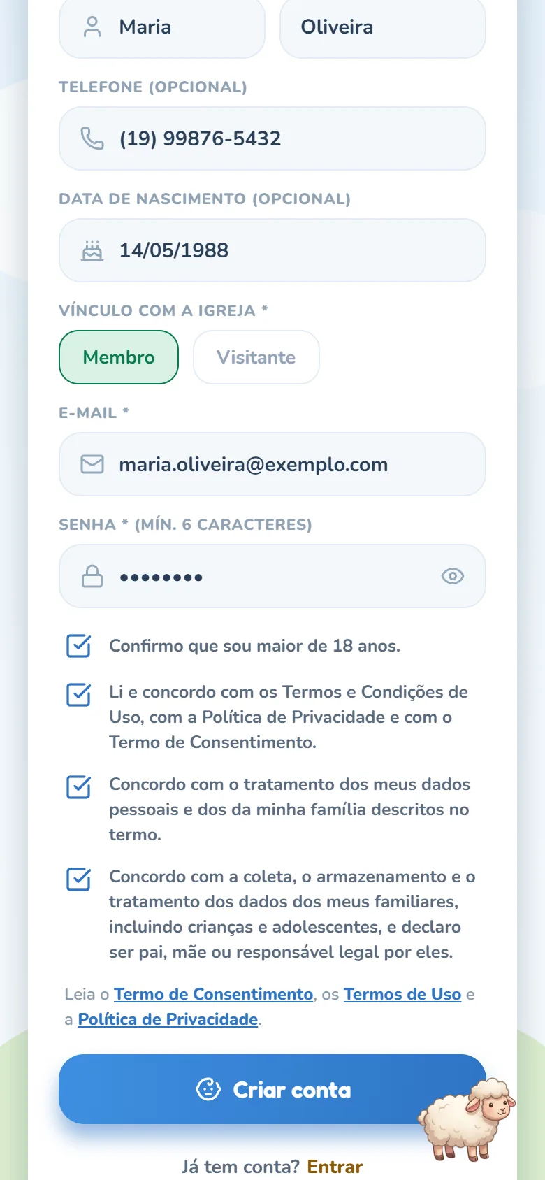 Parte final do cadastro: vínculo Membro selecionado, e-mail, senha, a caixa Confirmo que sou maior de 18 anos e as três caixas de consentimento marcadas, os links dos termos e o botão Criar conta