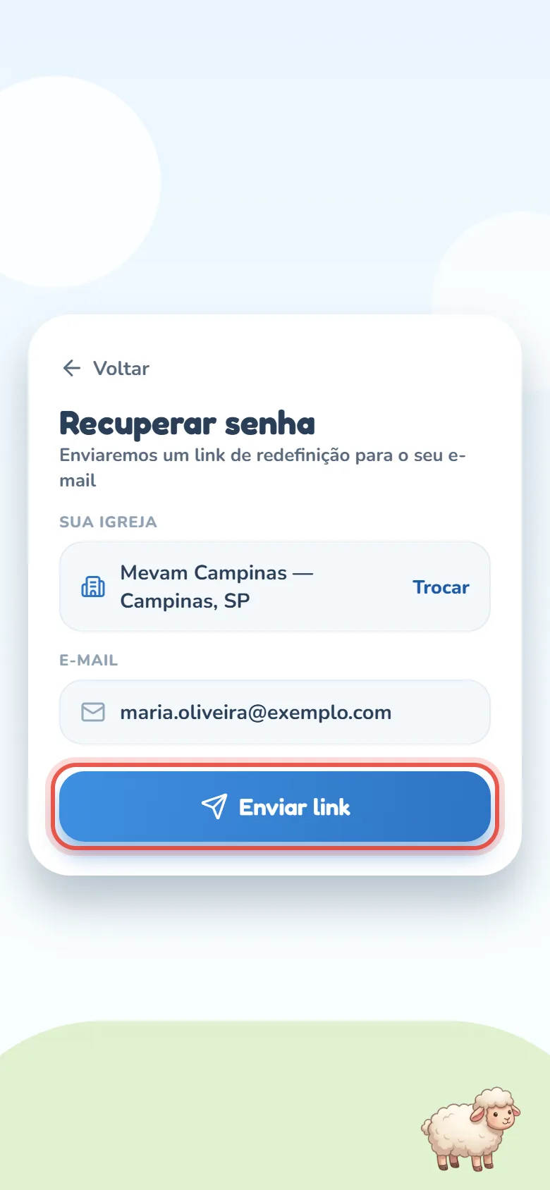 Tela Recuperar senha do Zelos Kids com o link Voltar no topo, a igreja em Sua igreja (Mevam Campinas — Campinas, SP) com o botão Trocar, o e-mail preenchido e o botão azul Enviar link.