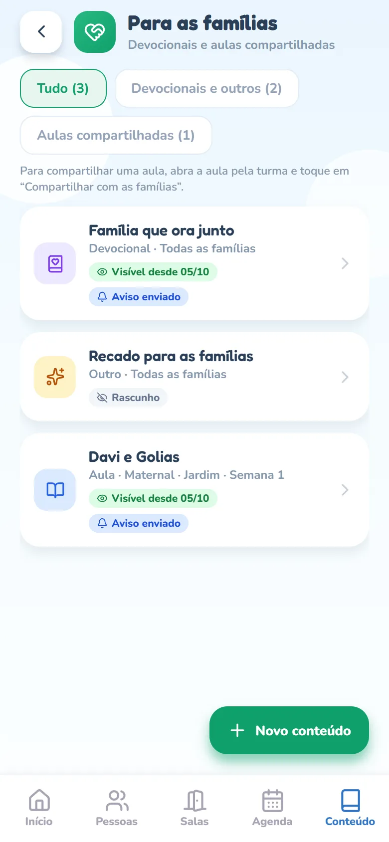 Tela Para as famílias com o subtítulo Devocionais e aulas compartilhadas: os chips Tudo, Devocionais e outros e Aulas compartilhadas com as contagens, a dica Para compartilhar uma aula, abra a aula pela turma e toque em Compartilhar com as famílias, e três linhas — o devocional Família que ora junto (Devocional · Todas as famílias), com os selos verde Visível desde e azul Aviso enviado; o Recado para as famílias (Outro · Todas as famílias), com o selo Rascunho; e a aula Davi e Golias (Aula · Maternal · Jardim · Semana 1), com os mesmos selos Visível desde e Aviso enviado; no canto inferior direito, o botão verde Novo conteúdo.