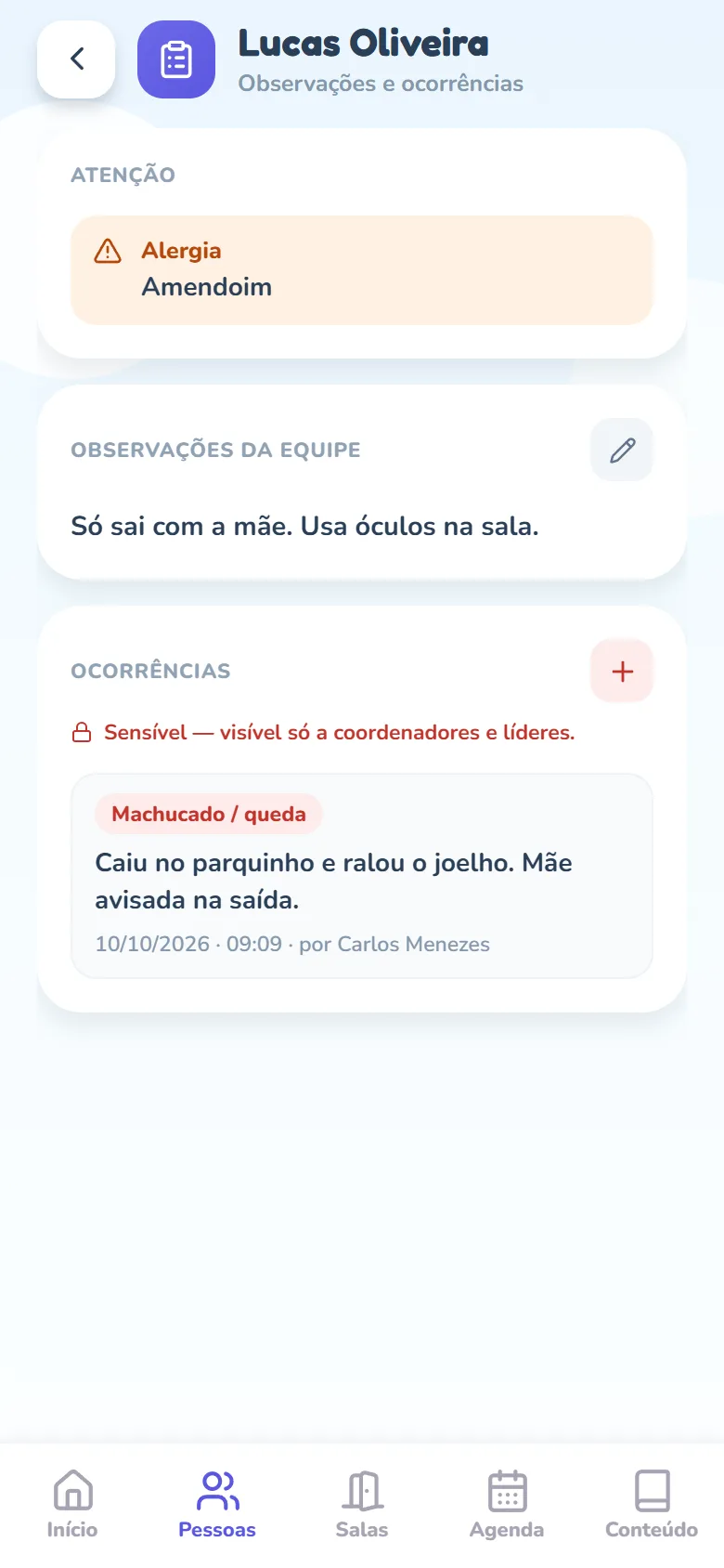 Tela Lucas Oliveira (Observações e ocorrências) com três cartões: Atenção, com a linha Alergia e o detalhe Amendoim; Observações da equipe, com o texto salvo Só sai com a mãe. Usa óculos na sala. e um lápis no canto; e Ocorrências, com o aviso Sensível — visível só a coordenadores e líderes., um botão de mais vermelho e uma ocorrência com a etiqueta vermelha Machucado / queda, o texto, a data e a hora e por quem foi lançada (Carlos Menezes).